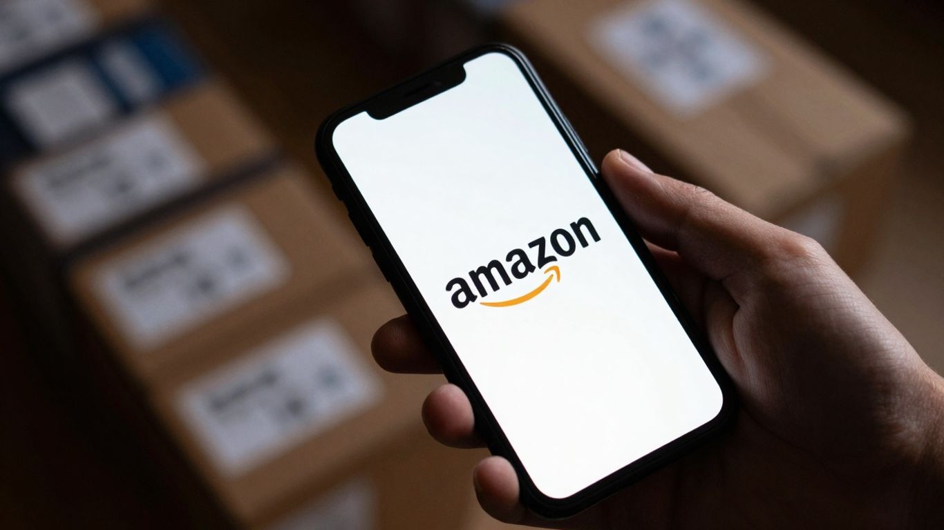 Amazon logo on a smartphone screen with product boxes.