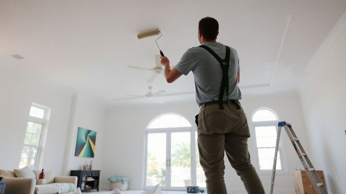 Homeowner painting white ceiling in a sunlit living room.