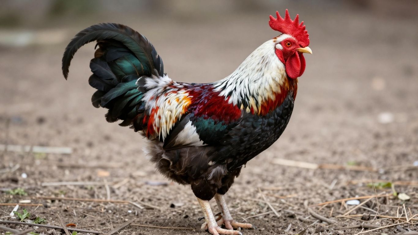 Sweater Kelso gamefowl with red, white, and black plumage.