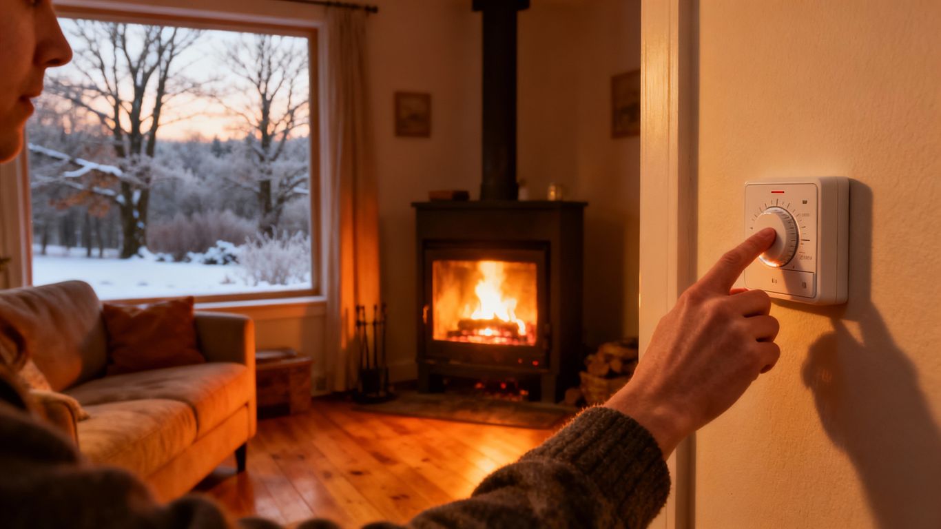 Cozy living room with fireplace and thermostat adjustment.