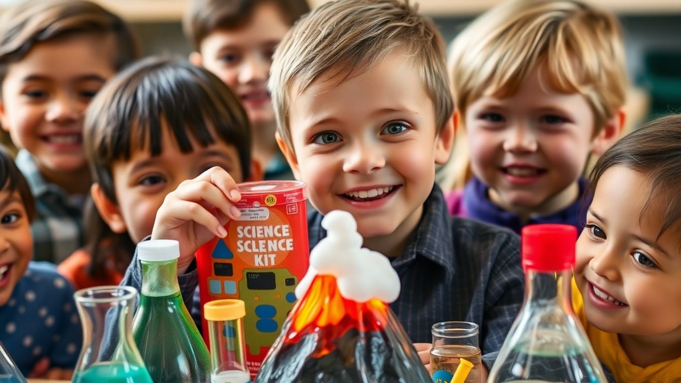 Boy with science kit, volcano erupting, children curious.