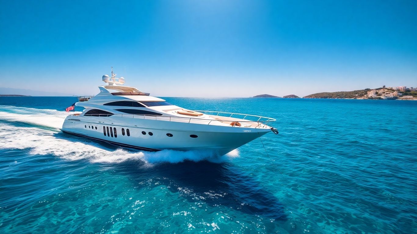 Yacht sailing on turquoise Aegean Sea near Greek islands.