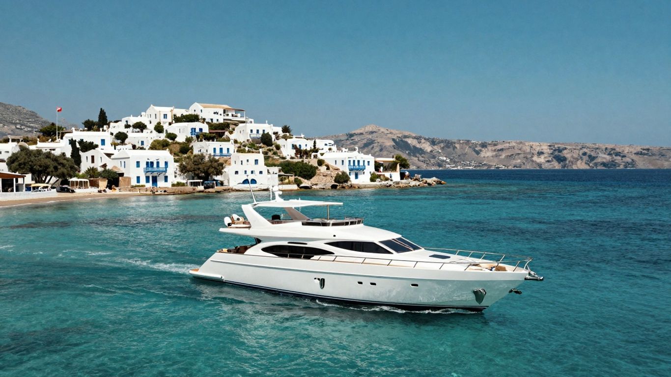 Luxury yacht sailing in Greece with island backdrop.
