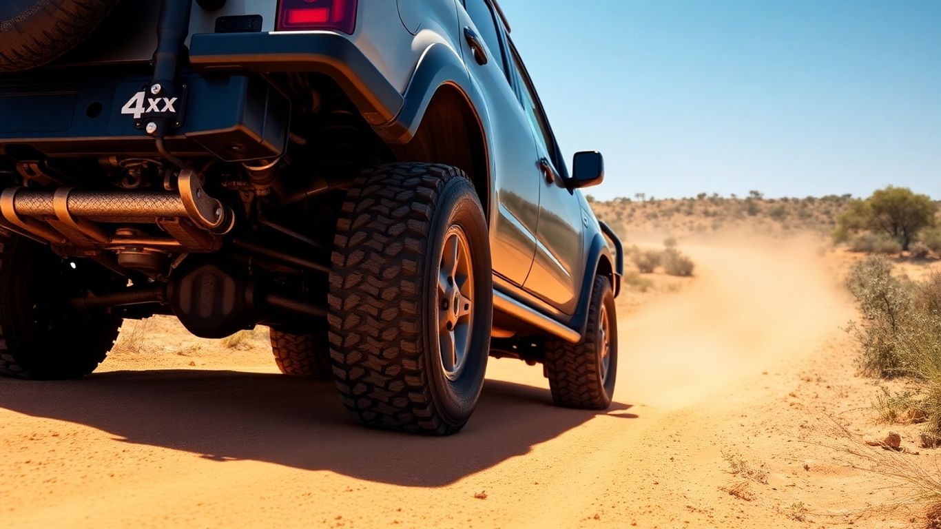 Nissan 4x4 driving on Australian outback track.