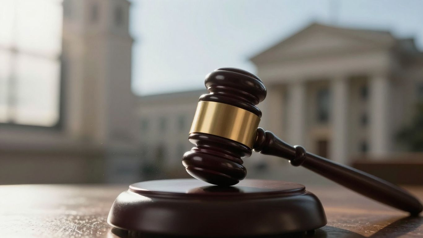 Gavel on legal book with courthouse background.