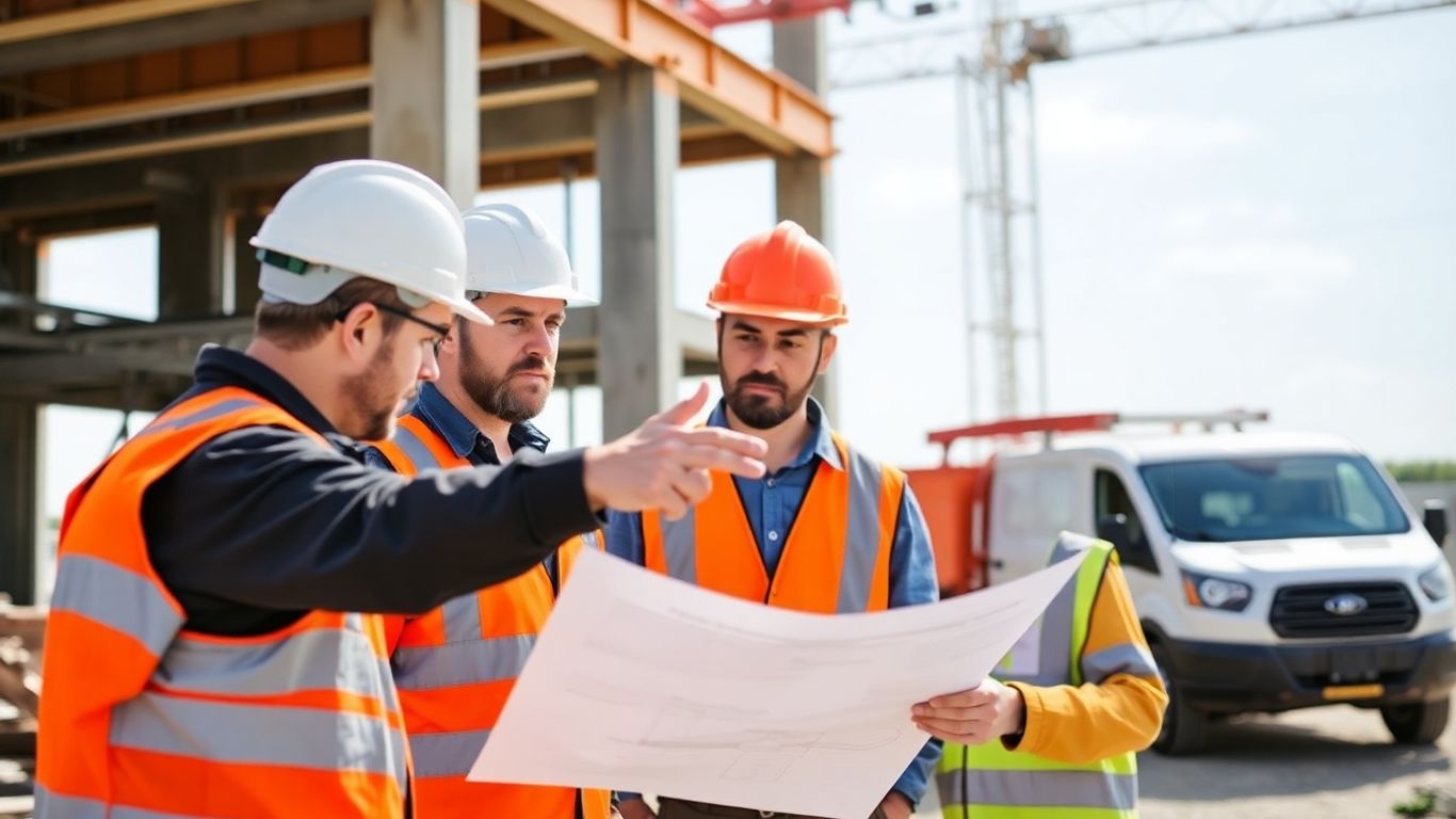 Construction workers and contractor collaborating on site.