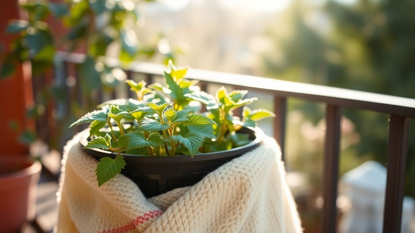 Frostschutz für Kübelpflanzen auf einem Balkon.