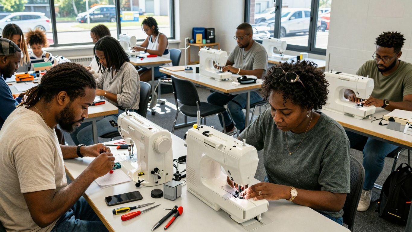People learning new skills in a bright workshop.