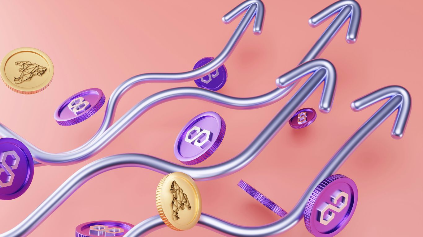 Abstract illustration of upward trends with coins and arrows.