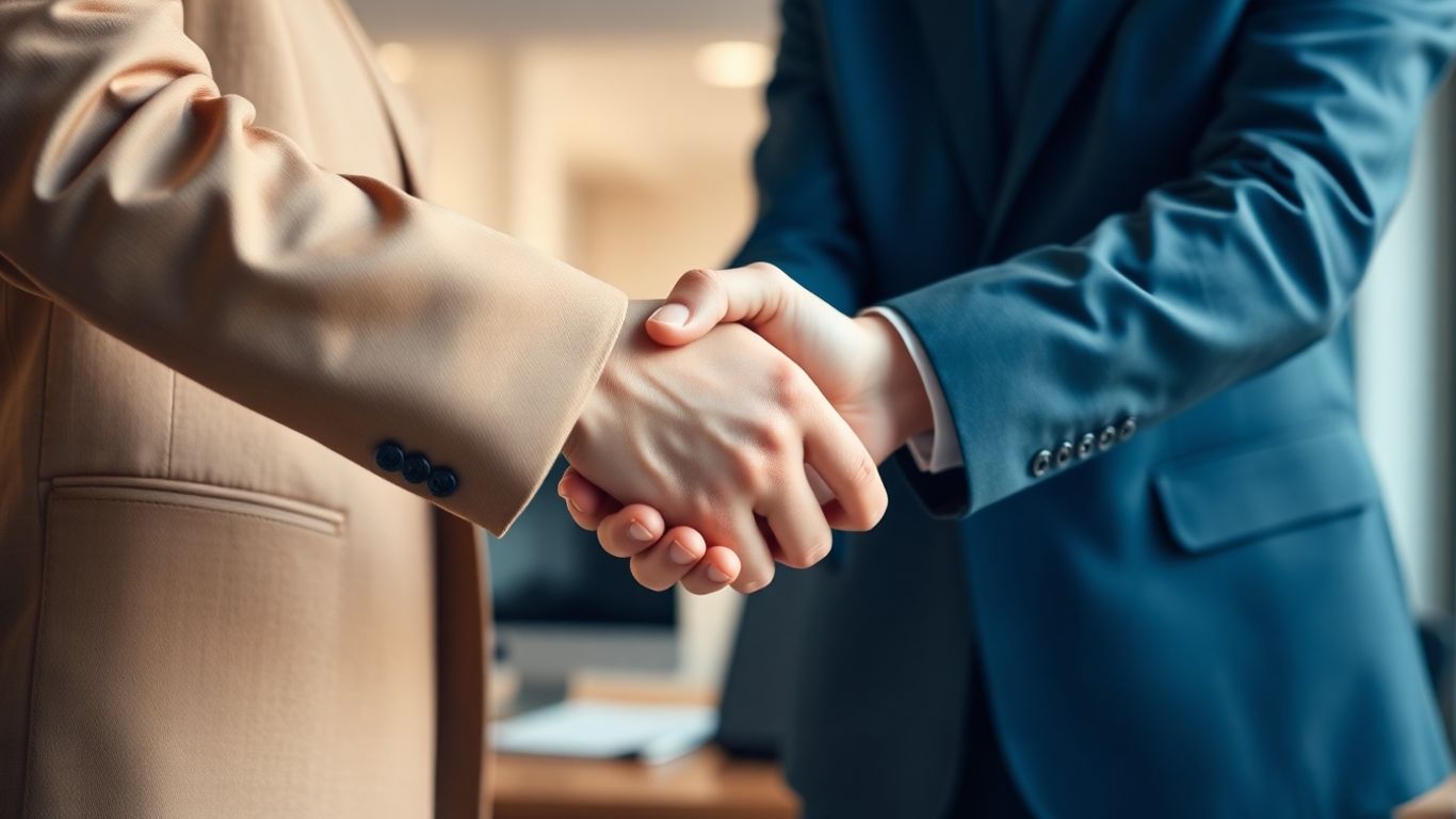 Mâini strângându-se, simbolizând un contract de muncă.