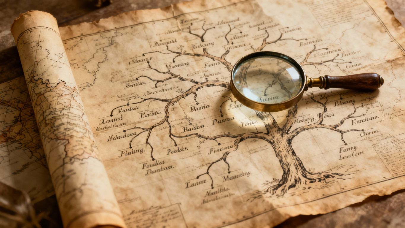 Family tree map with magnifying glass