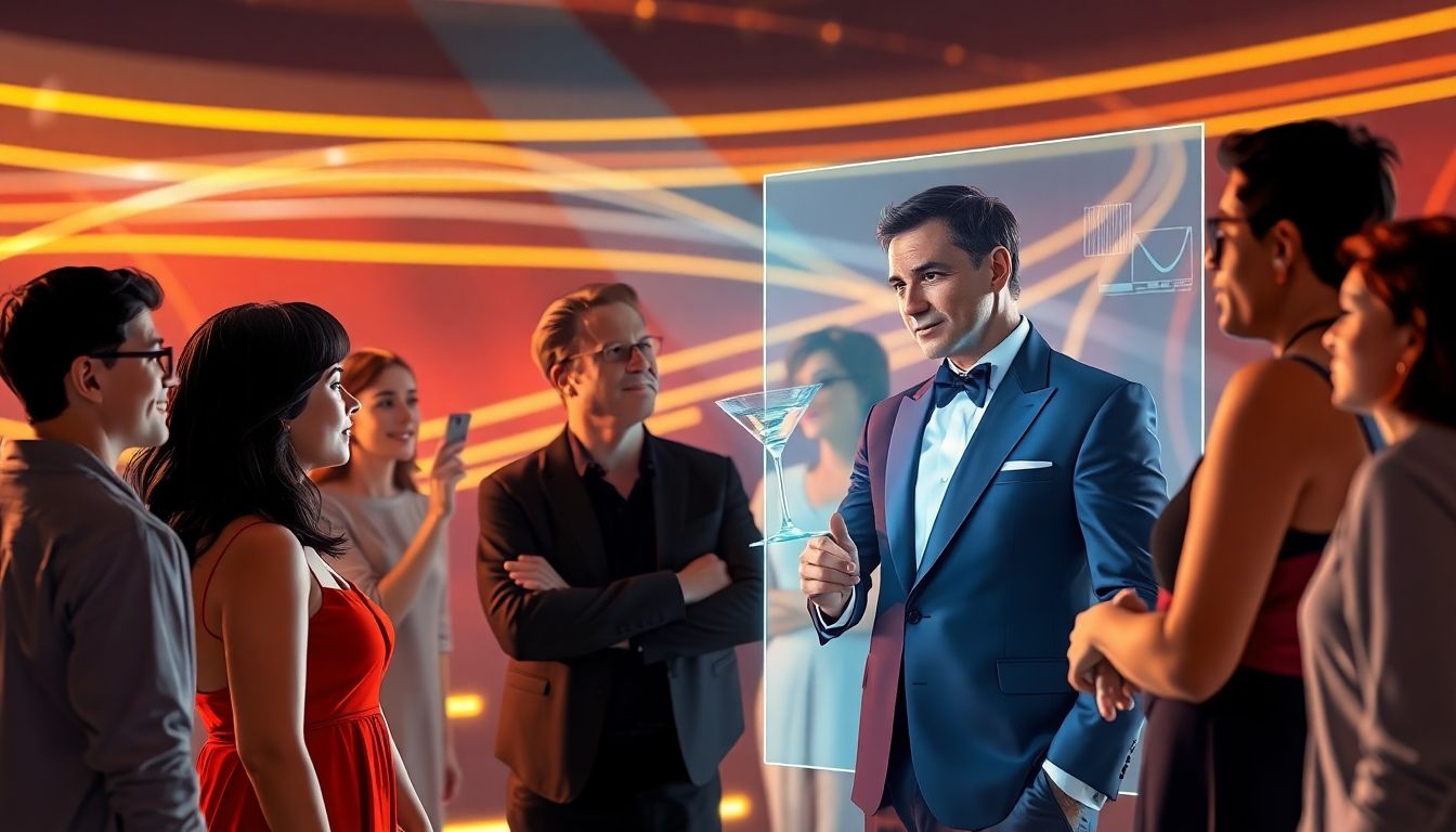 People interacting with holographic movie characters in a futuristic setting.