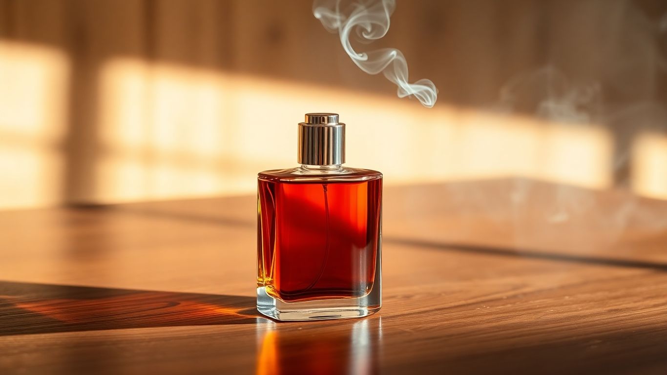 Perfume bottle with woody and amber notes.