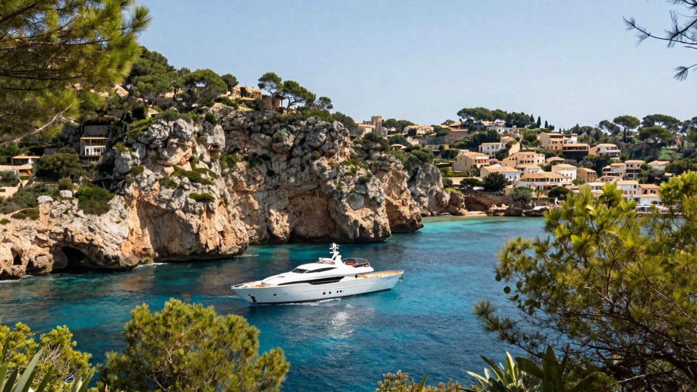 Luxury yacht sailing near Mallorca, Spain coast.