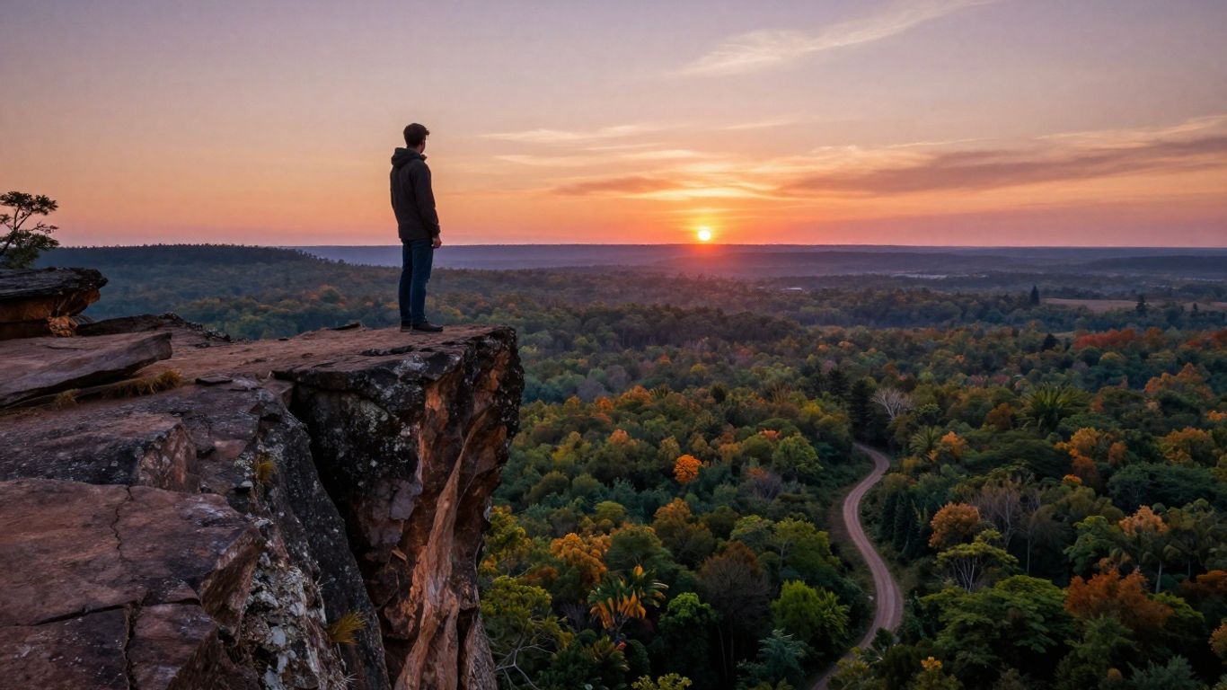 Firewatch game scene with lone figure on cliff overlooking forest.