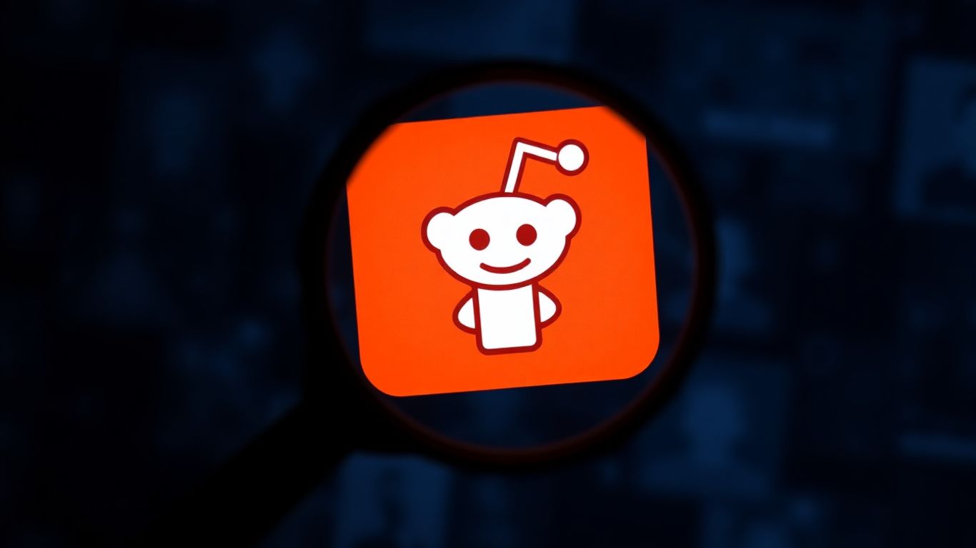 Magnifying glass over Reddit logo, uncovering hidden information.