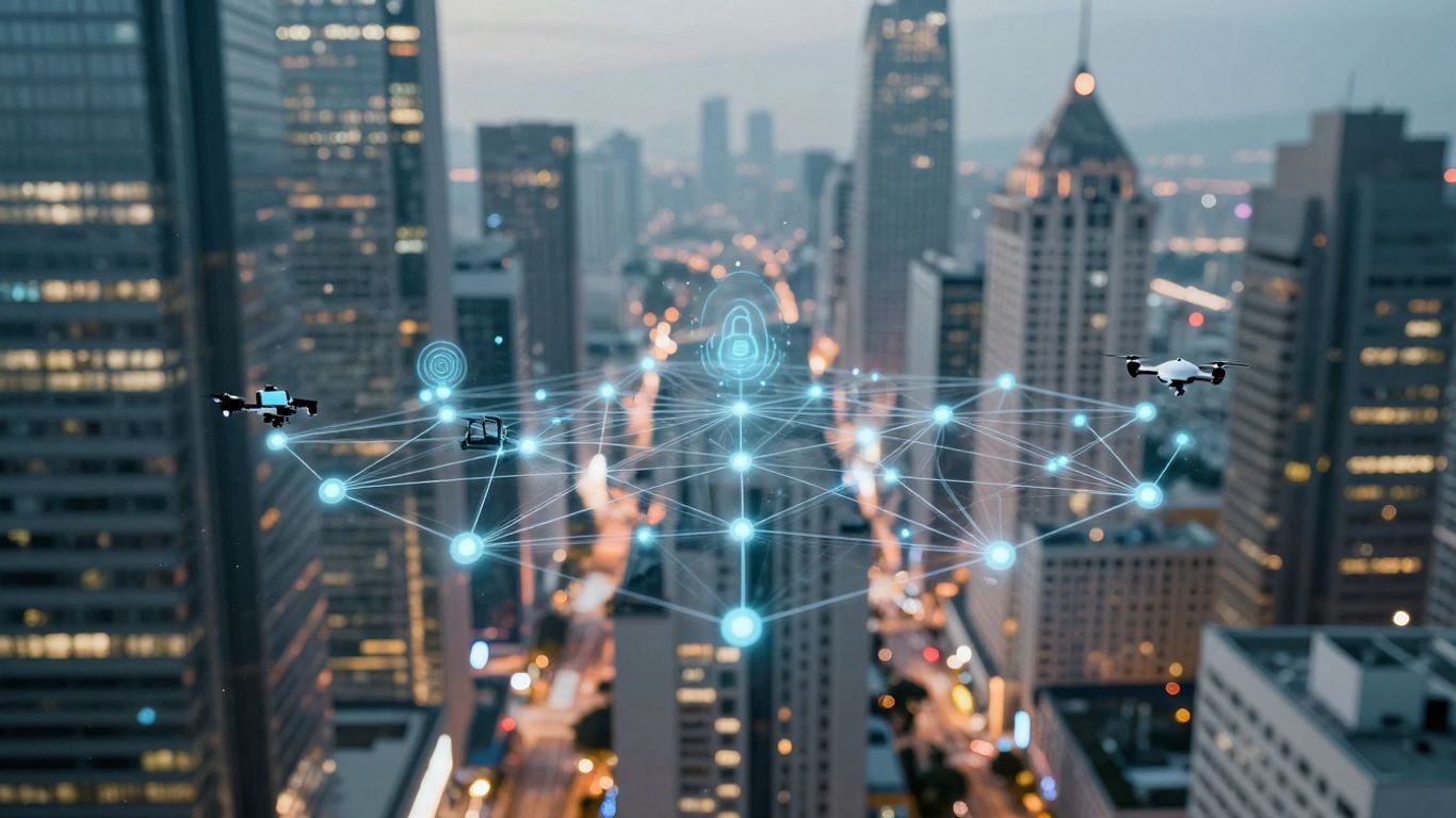 Blockchain and IoT devices connecting a futuristic city.