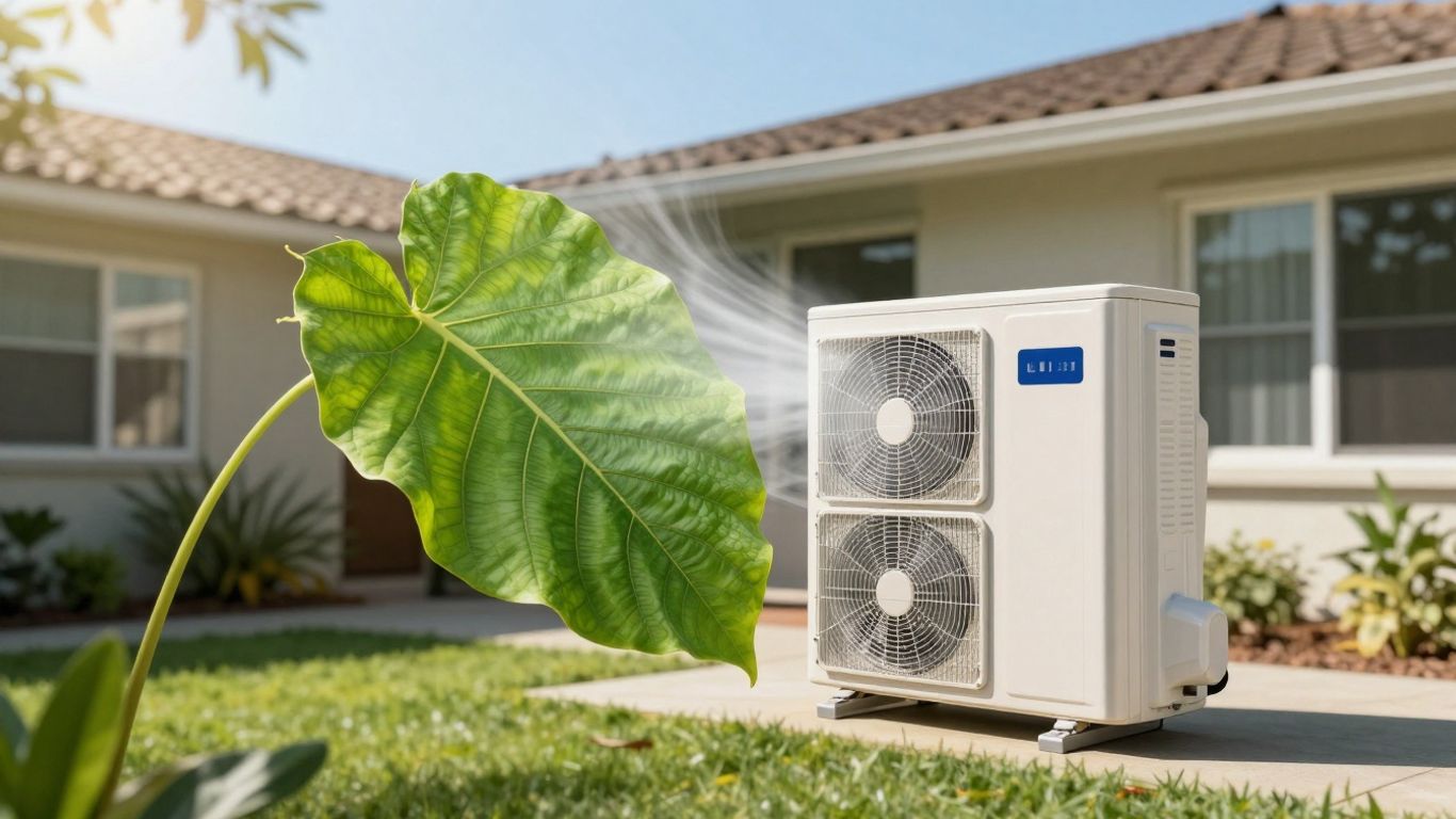 Heat pump unit with green leaf, Sacramento home.