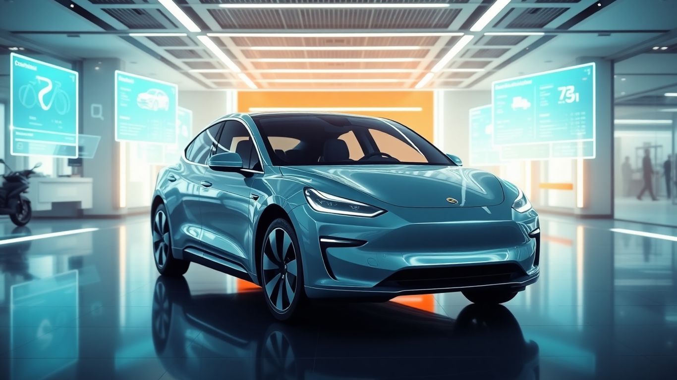 Modern electric car in a futuristic showroom with digital displays.