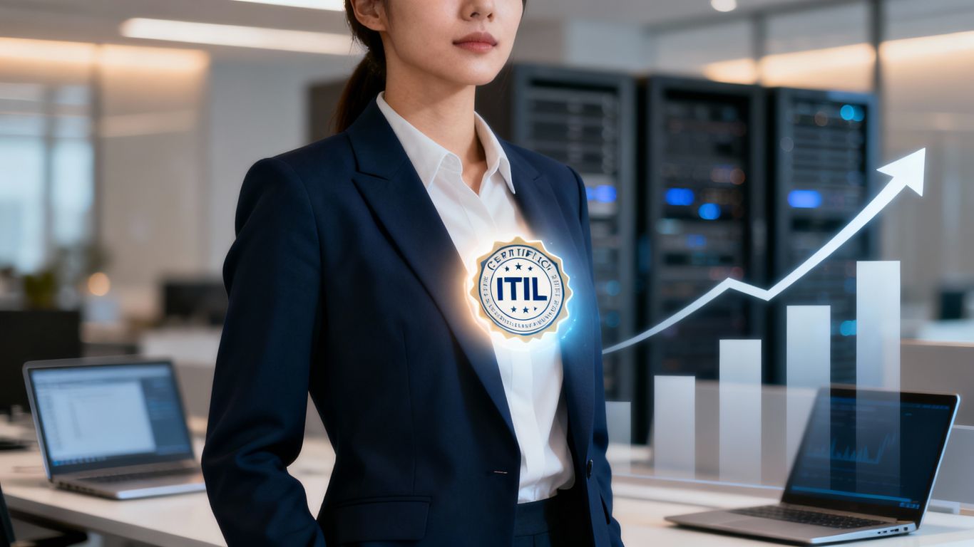 ITIL certification badge on a professional's chest.