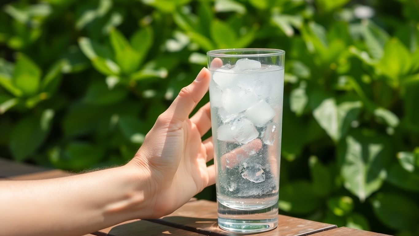 Glass of water with hand reaching for it.