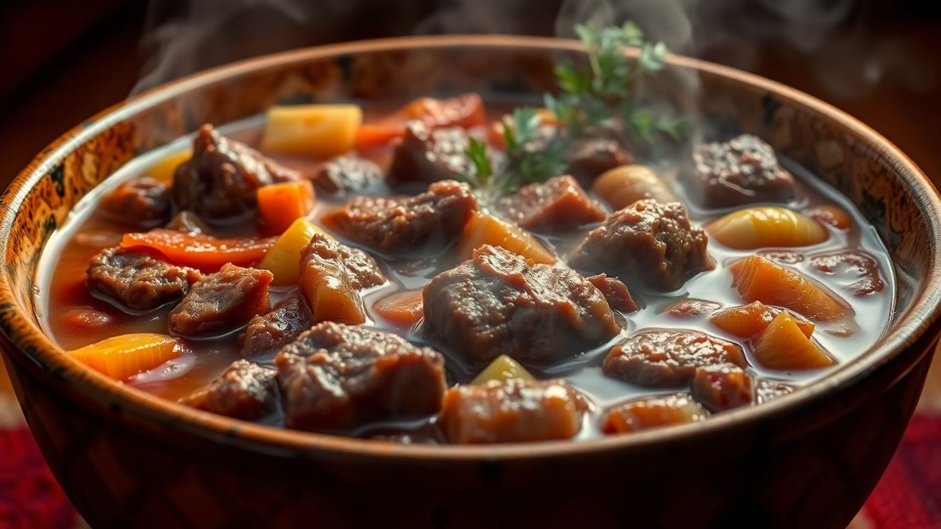 Hearty beef stew with vegetables and meat.