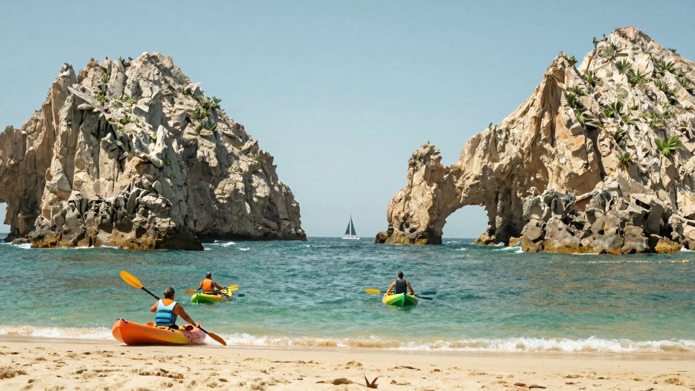 Kayakers enjoying Cabo's clear waters near rock formations.