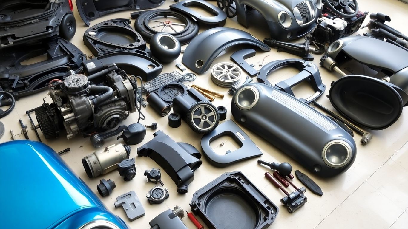 Used Mini Cooper parts laid out neatly.