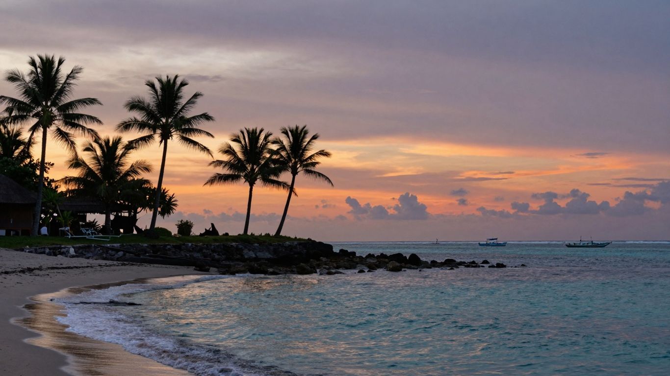 Peaceful Bali beach at sunset with palm trees.