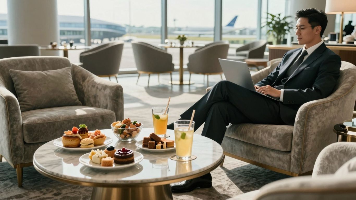 Luxury airport lounge with snacks and comfortable seating.