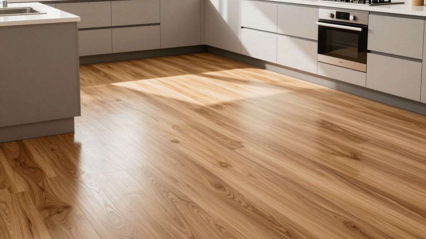 Kitchen with wood-grain laminate flooring