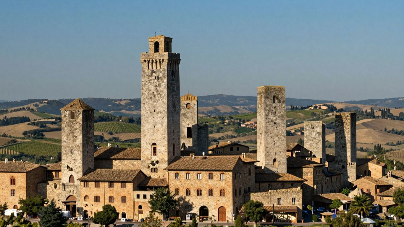 Medieval towers of San Gimignano against Tuscan hills.