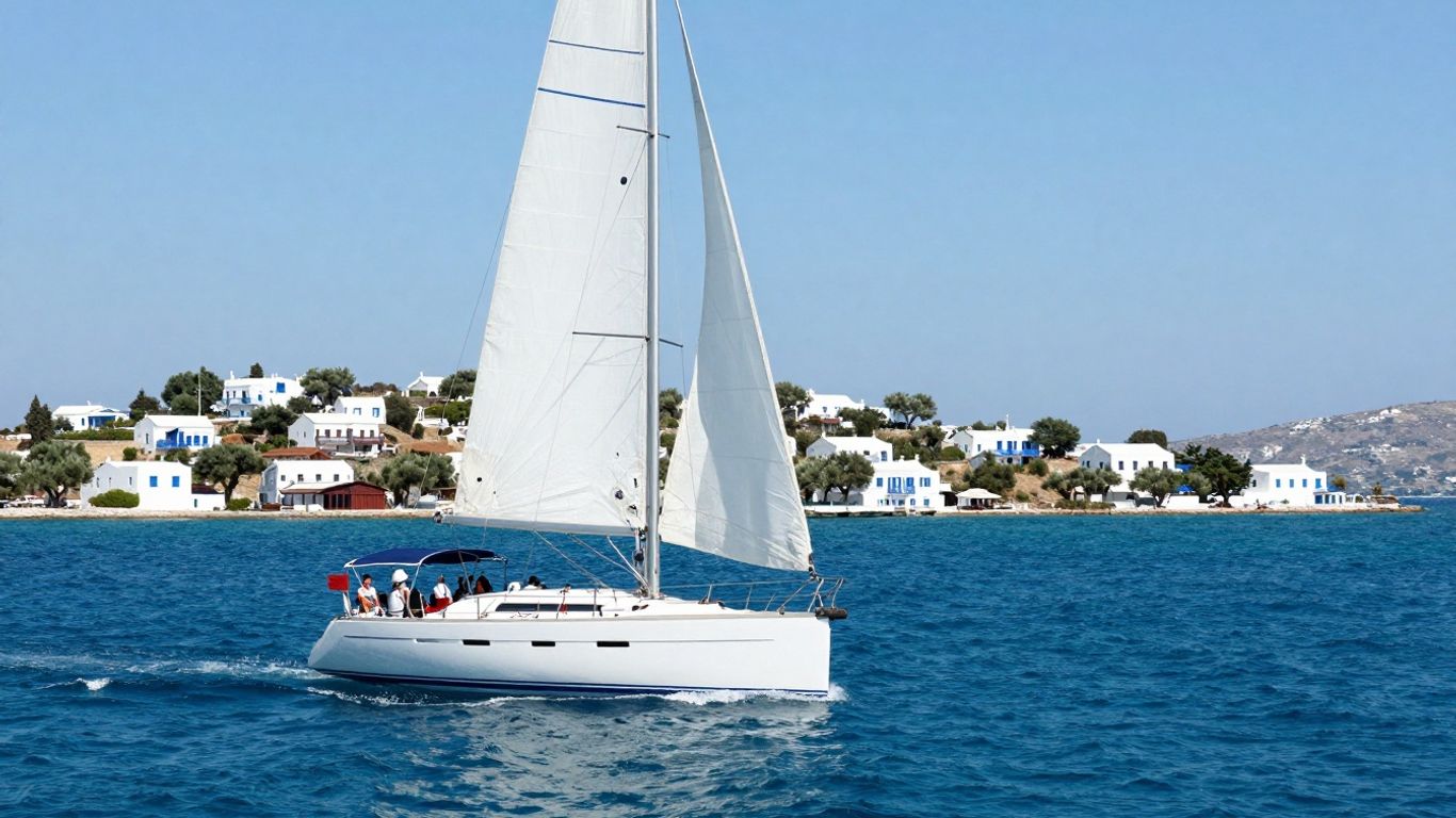 Sailboat on Aegean Sea near Greek island
