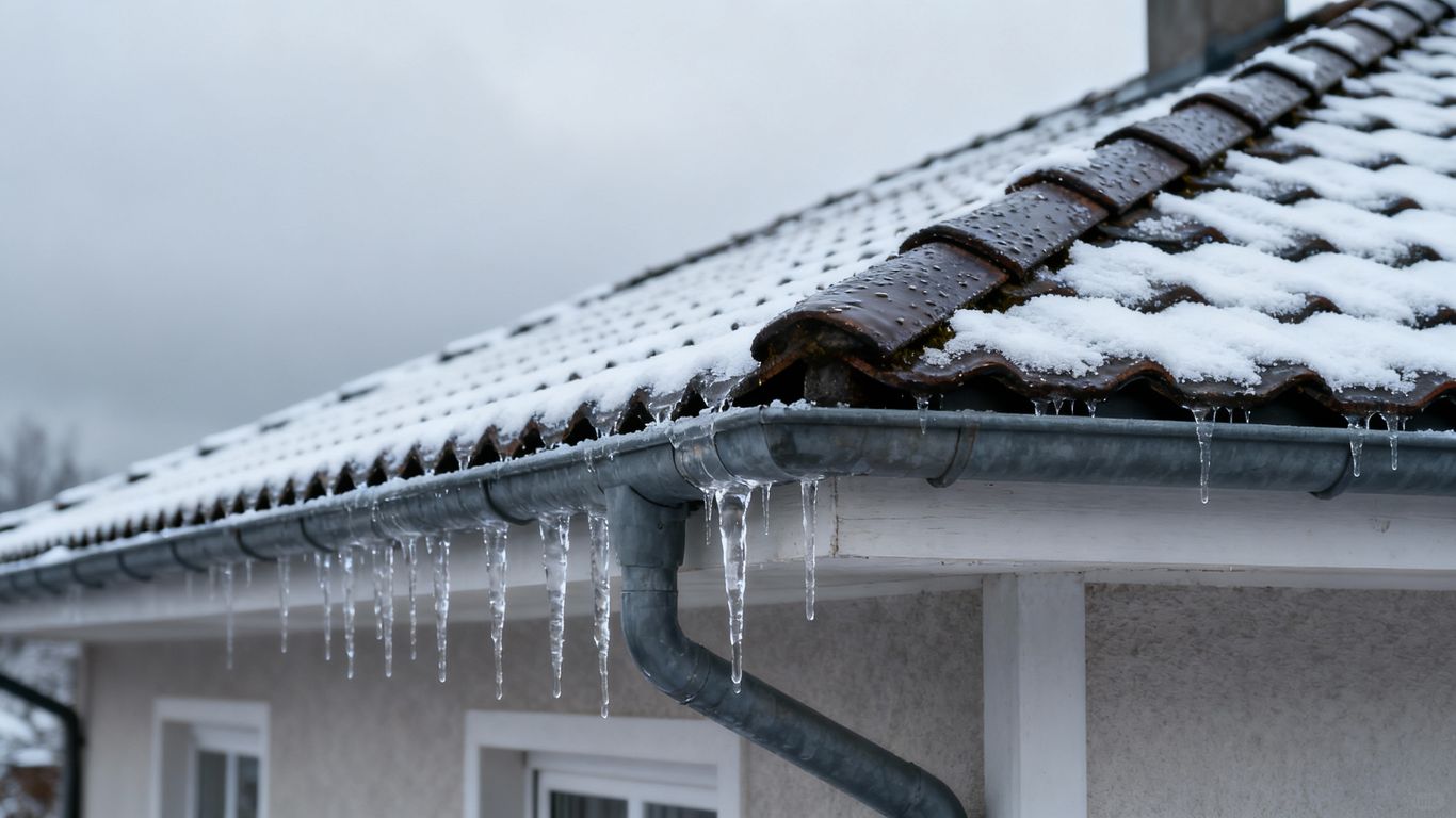 Snow-covered roof with icicles in winter.