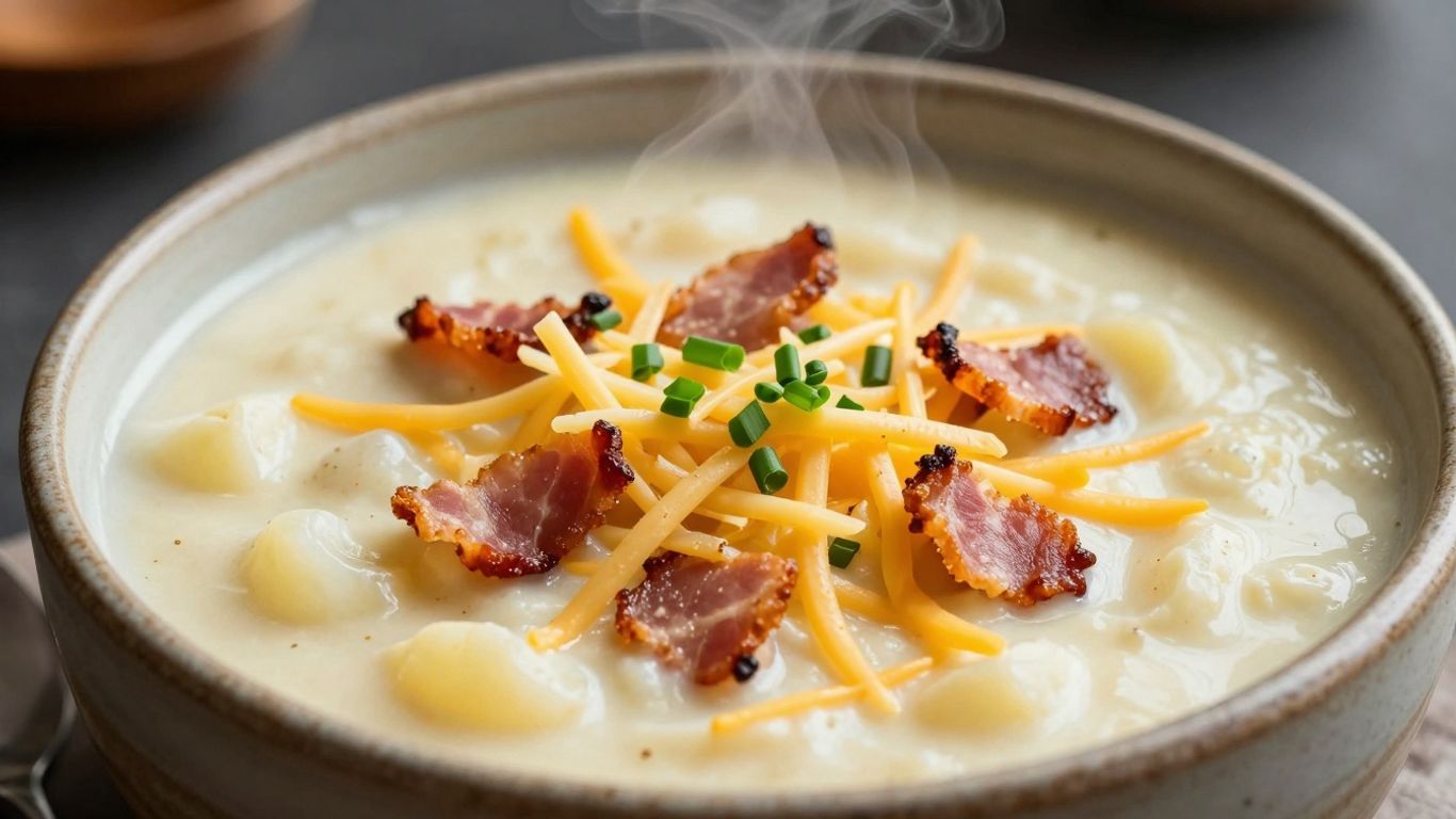 Creamy baked potato soup with toppings in a bowl.