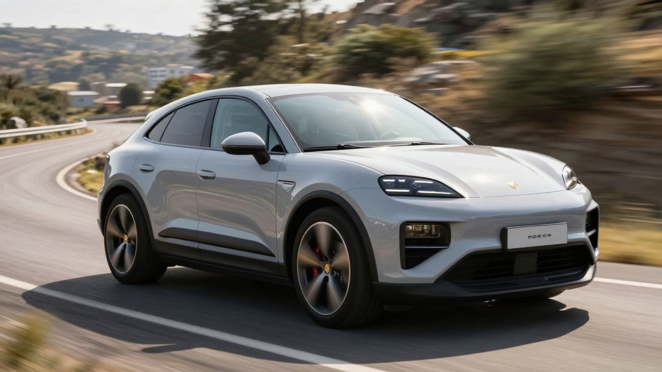 Silver Porsche Macan EV driving on a scenic road.