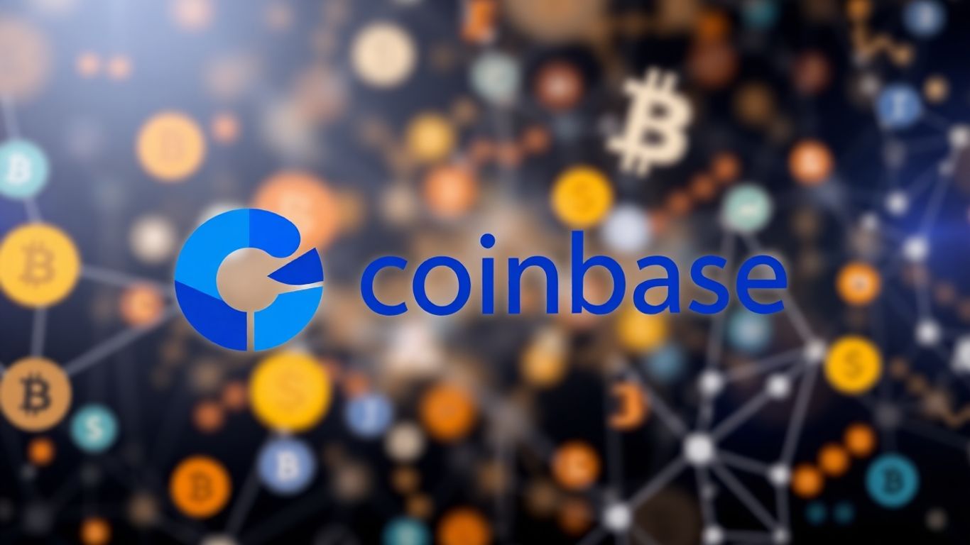 Coinbase Global Inc. logo with blockchain background