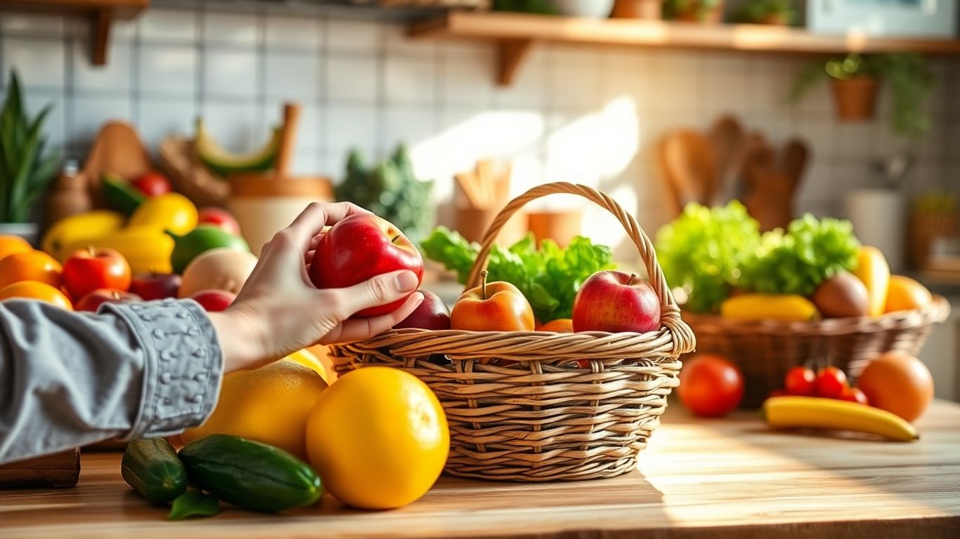 Healthy food and a person preparing a meal.