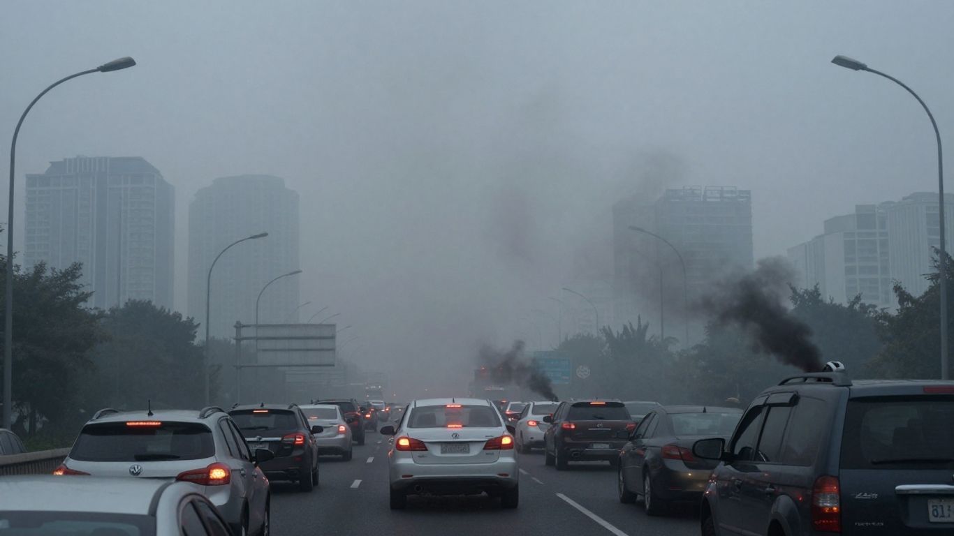 SUV dans la circulation, émettant de la fumée.