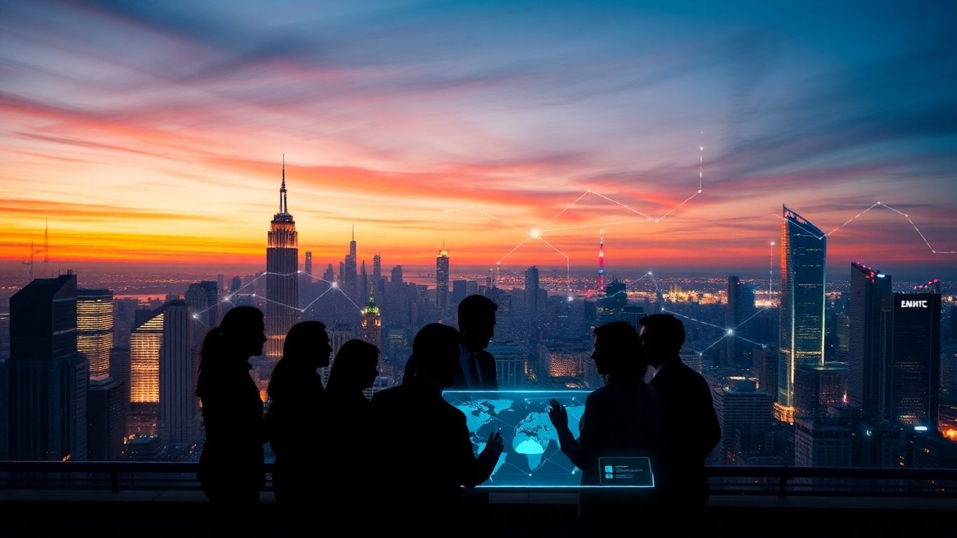 Digital marketing innovation with glowing streams and professionals.