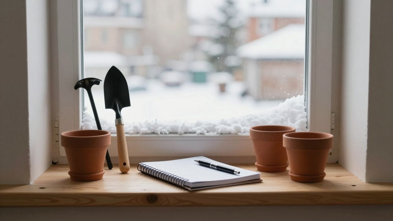 Winterliche Stadtgartenplanung auf einer Fensterbank