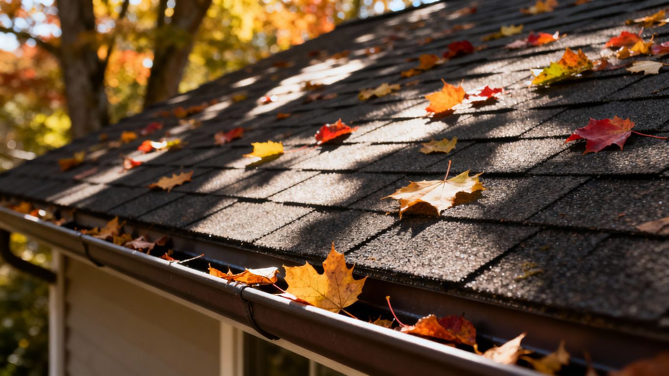 Autumn leaves on a roof, fall roof inspection