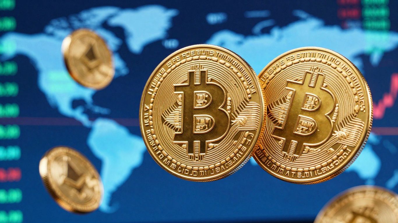 Cryptocurrency market data visualization with digital currency symbols.