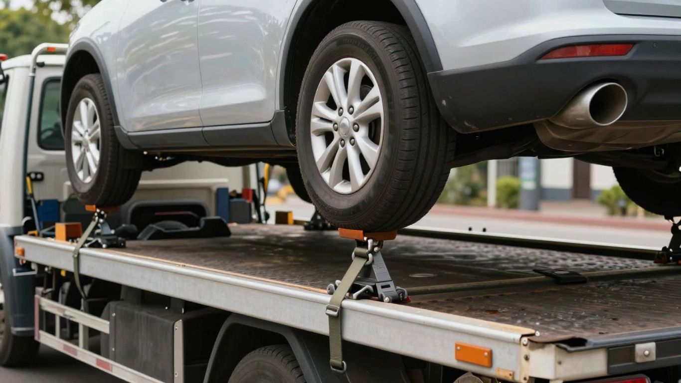 Car being safely towed by a tow truck on a street.