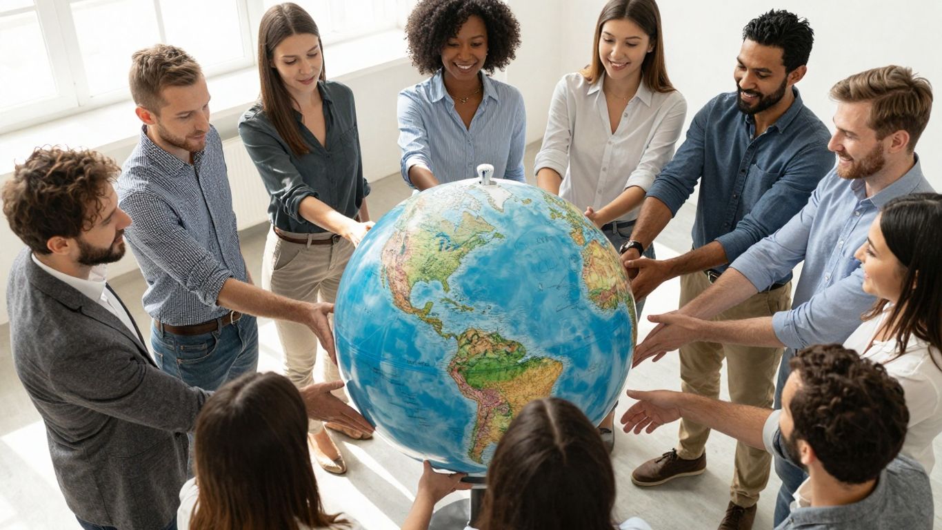 Oameni colaborând în jurul globului pământesc.