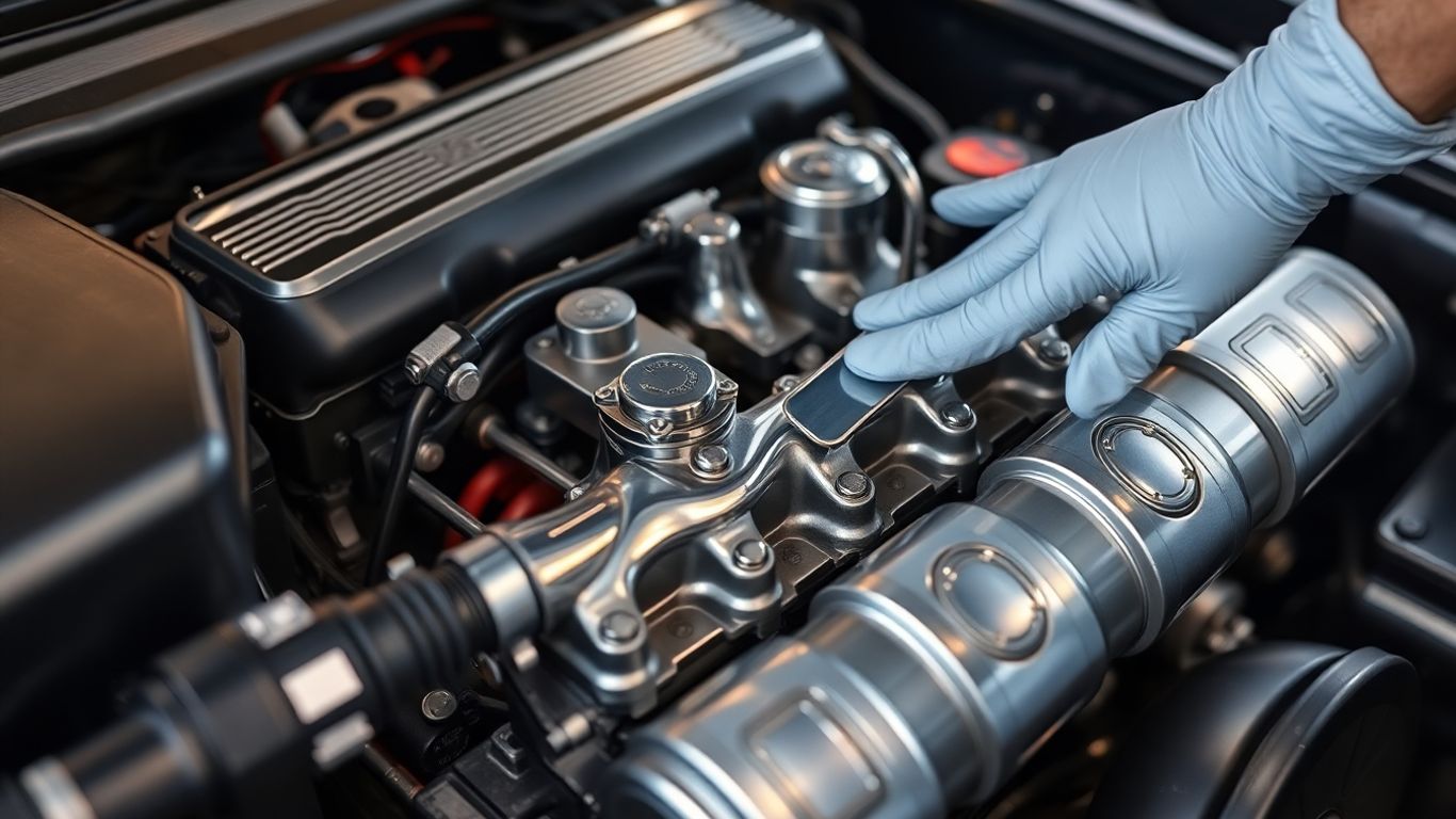 Modern car engine with mechanic's hand