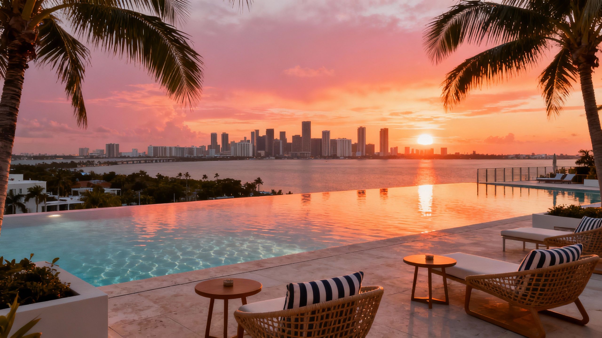 Rooftop infinity pool with lounge area and Miami’s city and bay views at sunset