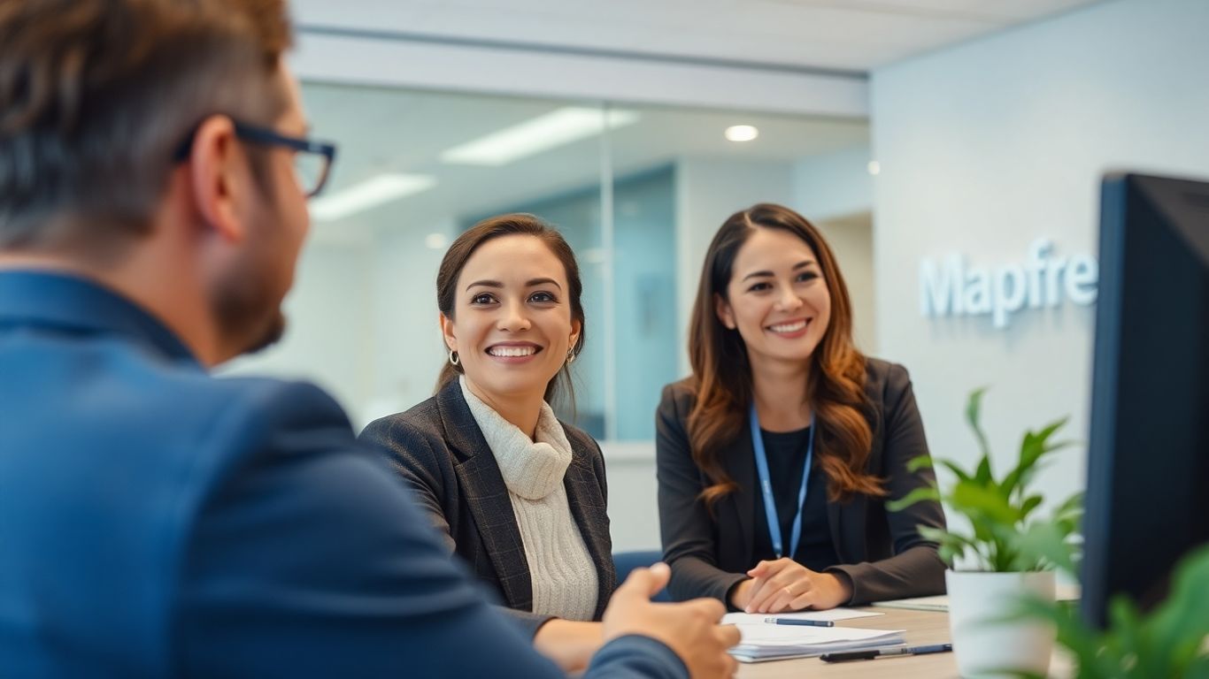Oficina de Mapfre con personal atendiendo a clientes.