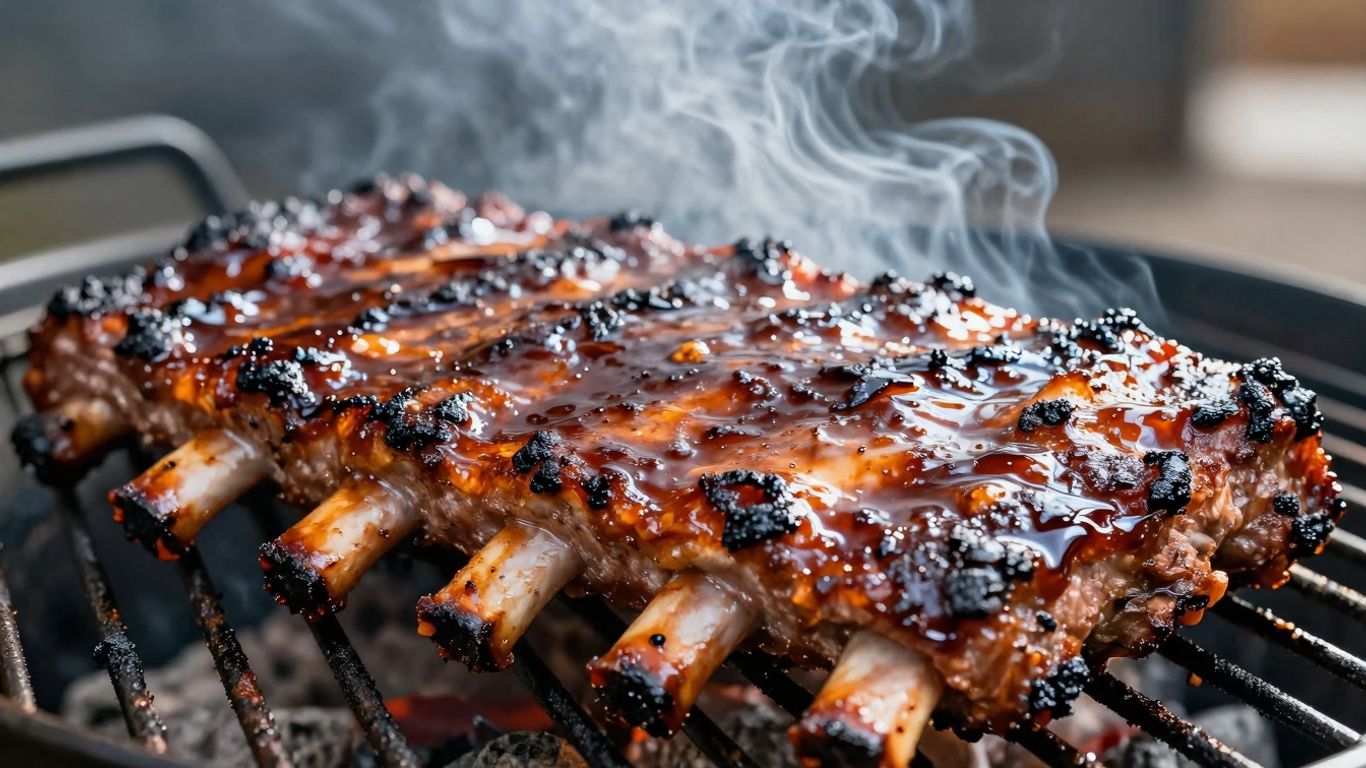 Close-up of BBQ ribs with sticky glaze.