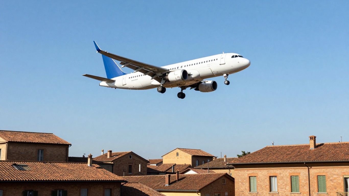 Flugzeug &uuml;ber Bologna mit roten D&auml;chern